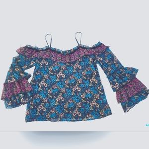 Cold shoulder ruffled shirt w/floral print in blues UK 12 US 8 by River Island